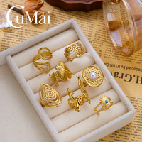 CUMAI Edelstahl Vergoldeter Vintage Schmetterling Sonnenauge Perle Spiral Hohl Breiter Statement Fingerring Schmuck für Frauen