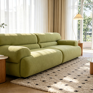 Canapé d'angle moderne et minimaliste en tissu bouclé vert avec accoudoirs rembourrés, pieds en bois et dossier coussiné pour salon - Product Image 4