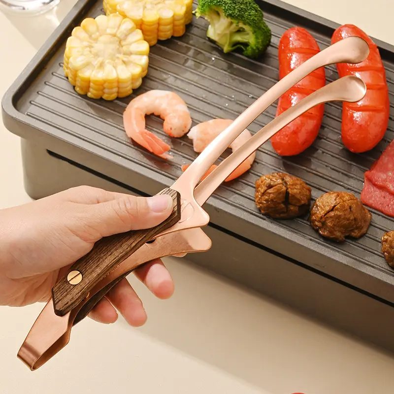 Yj Tuyệt Vời Biểu Tượng Tùy Chỉnh Thép Không Gỉ BBQ Kẹp Gỗ Xử Lý Vàng Thực Phẩm Clip Baking Làm Sạch Nhà Bếp Thép Không Gỉ