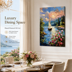 Peinture à l'huile sur toile peinte à la main : Coucher de soleil sur la baie du jardin d'hortensias en pente, fleurs fuchsia, voiles blancs, montagnes lointaines - Product Image 4