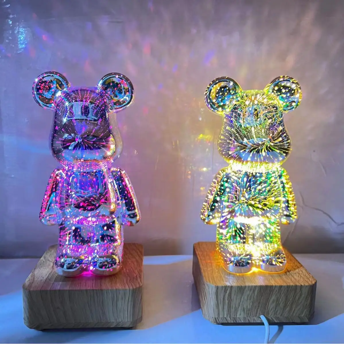Christmas Child Kid Gift Valentine Day Cute 3D Glass Fireworks Bear Decor Table Night Light Lamp Acrylic Fireworks Bear