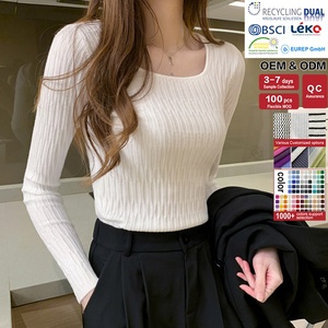 Giản Dị O Cổ Áo Thun Slub Gân Dệt Kim Phụ Nữ Phong Cách Áo Len Tops Tùy Chỉnh <span class=keywords><strong>Handmade</strong></span> Cô Gái Cừu Lông Cừu Len Áo Len Thiết Kế - Product Image 1