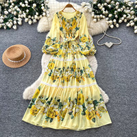 Robe longue décontractée pour femme, coupe trapèze, col en V, manches lanternes, imprimé floral, patchwork de dentelle, ceinturée, élégante, pour soirée et vacances