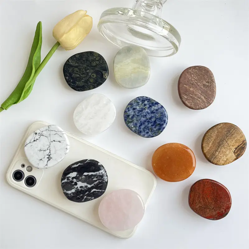 New Product Natural Pebble Agate Stone Marbling Phone Stand Holder Socket With Custom Logo