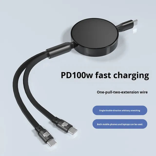 1m 100W PD Fast Charging TPE Material Private Mold 2-in-1 Retractable Type-C Cable Dual Head for CarPlay/Car Use & Data Transfer