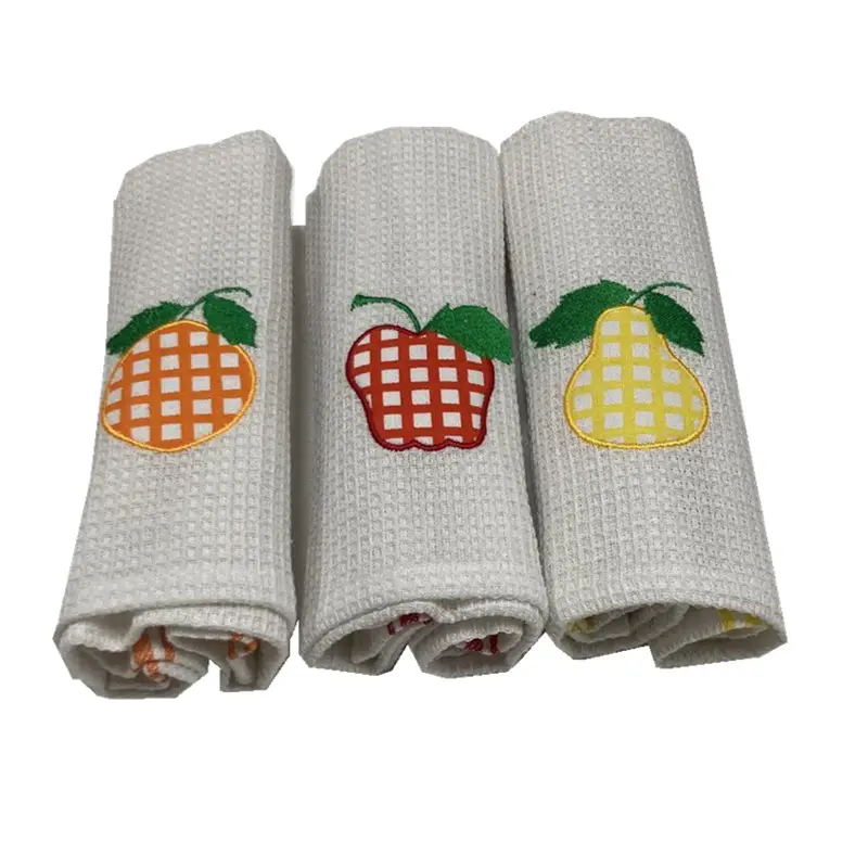 cotton embroidery waffle kitchen towel with applique