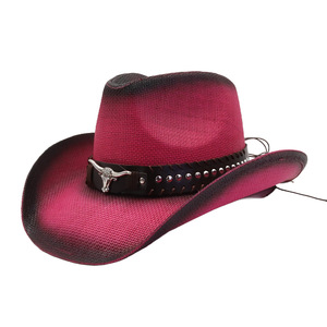 Alta qualità stile Texas <span class=keywords><strong>paglia</strong></span> <span class=keywords><strong>di</strong></span> carta all'ingrosso a tesa larga da uomo cappelli da sole con la classica fascia <span class=keywords><strong>di</strong></span> metallo testa <span class=keywords><strong>di</strong></span> mucca - Product Image 1