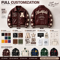 Blouson Bomber Varsity Homme en Similicuir Bordeaux Personnalisé OEM, Broderie Étoile Vintage, Fermeture Éclair, Style Racing, Faible MOQ