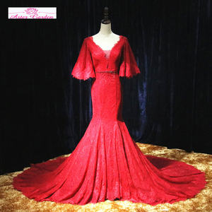 Aster – robe <span class=keywords><strong>De</strong></span> mariée sirène en dentelle rouge, manches mi-longues, perles, nouvel arrivage, Alibaba chine - Product Image 1