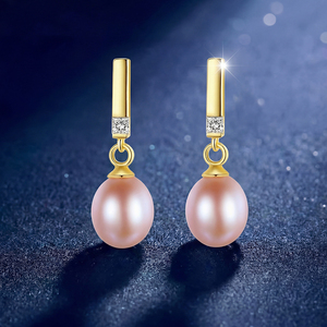 Boucles d'oreilles pendantes en cuivre plaqué or 18 carats avec perles roses pour femmes, bijoux élégants avec zircone cubique carrée et perles ovales, cadeau de mariage - Product Image 4