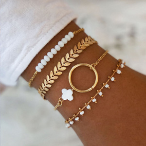N65001 de moda al por mayor de 4 piezas de pulsera conjunto de joyas chapado en oro cadena semilla grano círculo pulsera del encanto para las mujeres - Product Image 1
