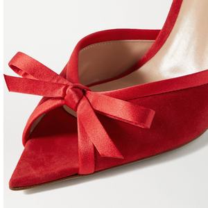 Mules à bout pointu en daim rouge et noir pour femmes, avec nœud, talon aiguille, à enfiler, <span class=keywords><strong>grande</strong></span> <span class=keywords><strong>taille</strong></span>, OEM/ODM, talon fin de 8 cm, chaussures de soirée d'été - Product Image 3