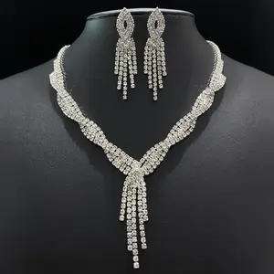 Set perhiasan pengantin rumbai berlian imitasi, untuk Aksesori gaun jamuan pernikahan
