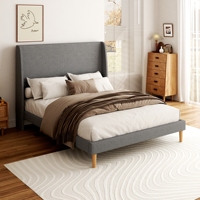 Cadre de lit plateforme moderne gris rembourré avec tête de lit haute à volants, pieds en bois massif, taille Queen, pour la décoration de chambre à coucher