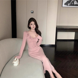 Retro V Neck Ruffled Long Dress With Tie Up Design Slim Waist Long Sleeve Sheath Evening Dress For Women Black - Product Image 2