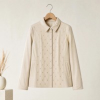 Veste en peau de mouton pour femme, couleur abricot, col chemise, motif quadrillé, strass, fermeture à boutons-pression, taille cintrée, mi-longue, manteau en cuir décontracté