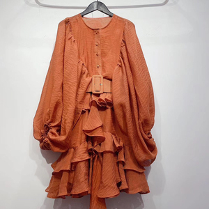 De las mujeres de la moda vestido fruncido vestido linterna manga larga cuello redondo manga elegante <span class=keywords><strong>vestidos</strong></span> de <span class=keywords><strong>fiesta</strong></span> - Product Image 3