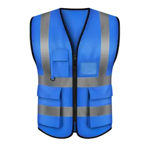 工厂定制专业天蓝色反光安全服反光背心带口袋