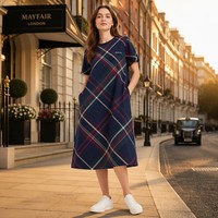 Robe midi en coton pour femme, taille naturelle, col rond, manches courtes, motif écossais, style preppy britannique, vente en gros