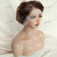 Perruque Courte Sans Colle KEMY HAIR en Cheveux Humains Pixie Cut avec Dentelle HD, Perruque Ondulée à la Doigtée, Mèches Naturelles Indiennes pour Femmes Noires