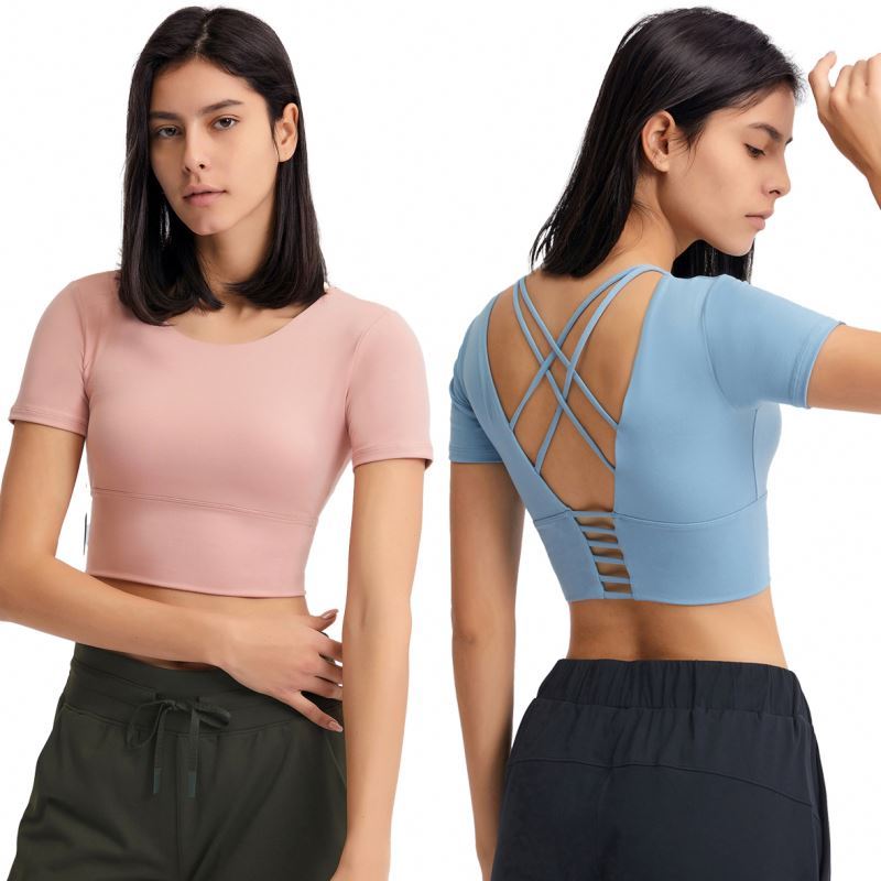 High Quality Solid Color Nude Women Tank Top Sexy Back Crossover Short Sleeves Quick Drying Naked Gym Sports Fitness Yoga Top