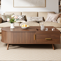 Table basse ovale en noyer avec porte coulissante cannelée, tiroir de rangement et plateau de service, pieds en bois massif pour salon - Vente en gros