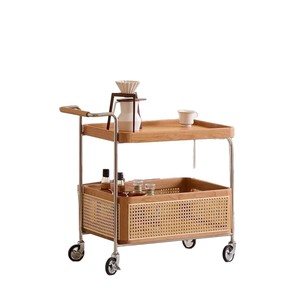 Chariot de rangement mobile en bois massif avec roulettes, cadre en acier inoxydable, étagère en rotin, table basse de salon, table d'appoint - Product Image 3