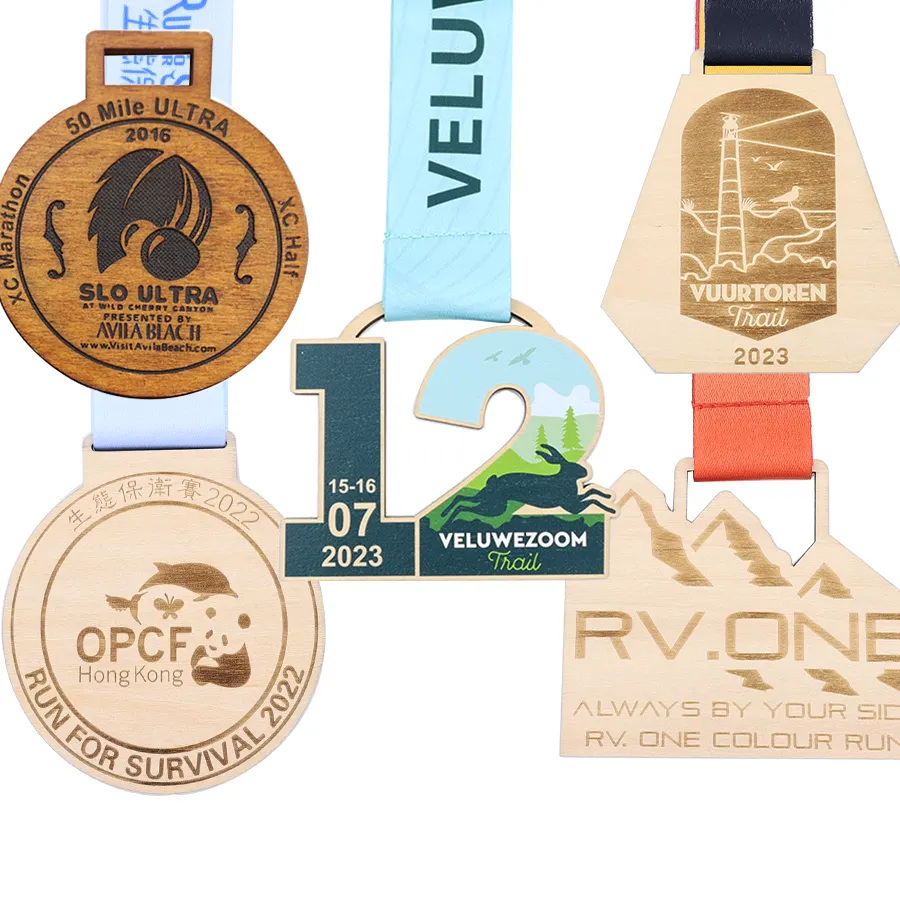 Nhà sản xuất tùy chỉnh Xe đạp đua Marathon chạy Finisher huy chương theo gỗ tre giá rẻ huy chương