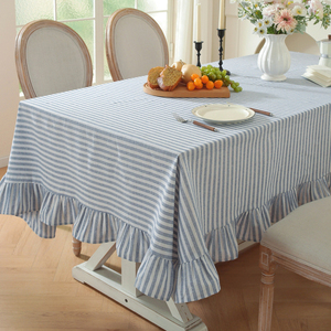 Mantel Rectangular de Algodón y Lino con Volantes, Rayas Teñidas en Azul Nórdico, de Lujo, Personalizado, al por Mayor, para Comedor en el Hogar - Product Image 2