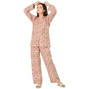 Pajama Set 100% Cotton Long Sleeve Button <b>Down</b> Shirt and <b>Pants</b> Soft Comfortable Lightweight Summer Nightwear Sleepwear - Product Image 2