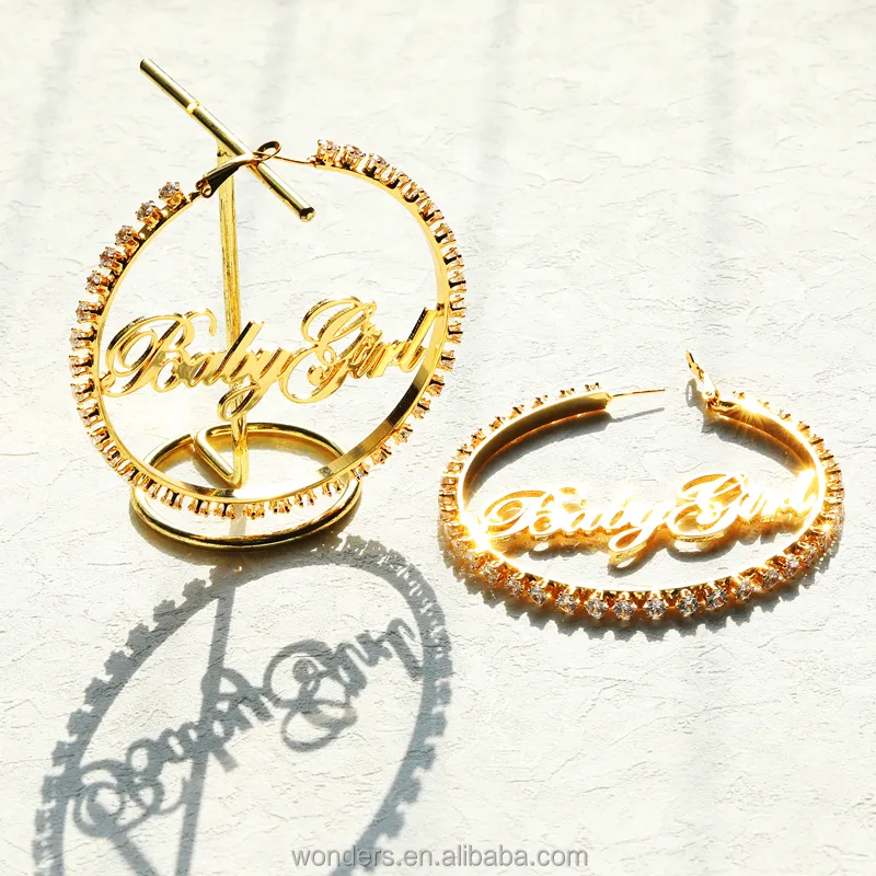 MOQ 1 Pairs CZ Hoop Custom Name Baby Girl 90s Luxury Earrings Personalized Nameplate Earrings Cubic Zircon Hoops