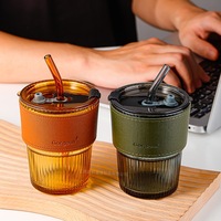 Gelas minum borosilikat 420ml, gelas minum Minum bening dengan sedotan dan tutup, dapat dipakai ulang, cangkir kopi bepergian untuk anak-anak