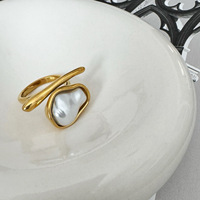 Bague ouverte minimaliste en acier inoxydable plaqué or 18 carats avec perle baroque Alien, bijoux de mode inaltérables pour femme, cadeau