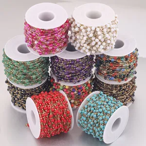 2024 newest gold plated white red pink multi colors 4mm natural stone beads stainless steel wire chain for diy women's jewelry
