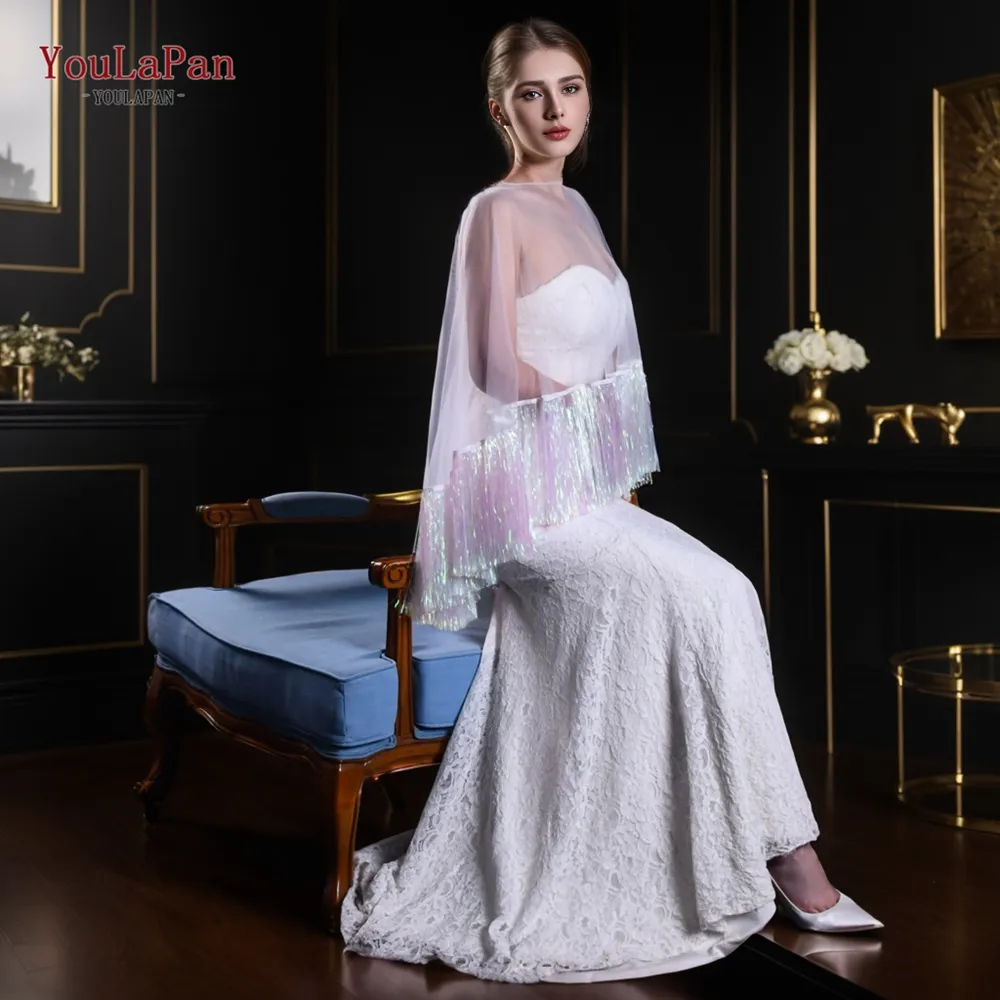 YouLaPan VG92 yeni tasarım kadın abiye şal moda püskül organze gelin Coat romantik düğün pelerin şal