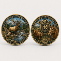 Pièce de défi personnalisée en laiton antique, à double face, avec motif cerf de la forêt en relief, pour événement extérieur, gravable