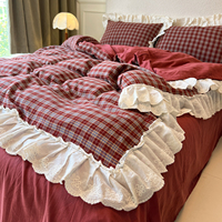 Parure de lit coréenne vintage 100 % polyester, imprimée réactif, motif écossais, housse de couette double couche en gaze avec dentelle et volants