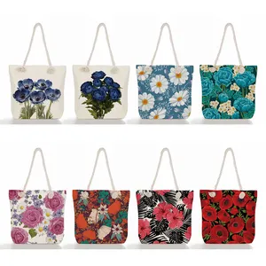 Güzel renkli çiçek baskı çanta güzel bitki desen Casual kadınlar kol çantası tekrar kullanılabilir alışveriş poşetleri ucuz toptan