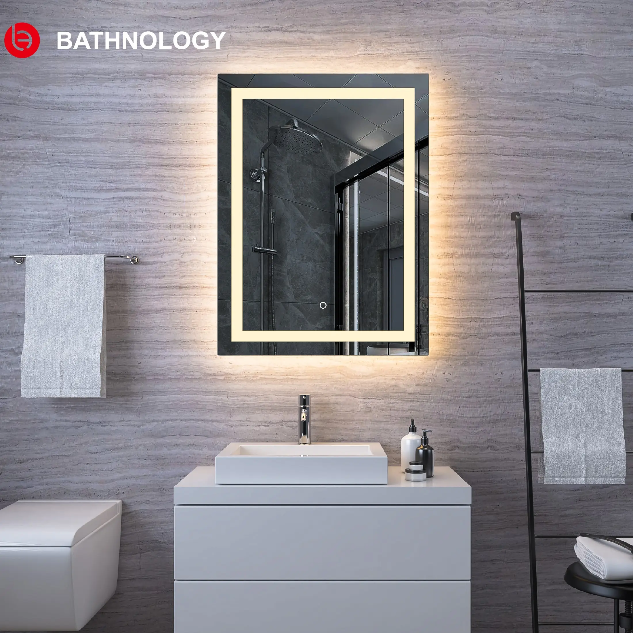 Espelho de banheiro iluminado, novo design de luz com espelho de toque banheiro