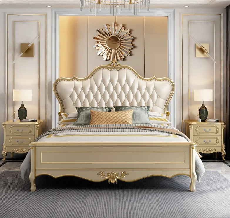 Lit style européen chambre principale cadre de lit en bois massif de luxe français en cuir lit de mariage King Size pour la maison meubles d'hôtel