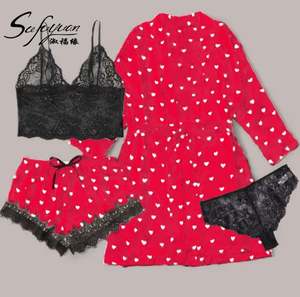 Sfy-y5039 Conjunto de Pijama de Satén Transpirable y Suave para Mujer, Manga Larga, Cintura Elástica, Camiseta de Encaje Transparente, Pantalones y Bata para Verano - Product Image 4