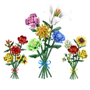 Buket blok bunga populer blok bangunan plastik mawar 5 in 1 Set bunga untuk dekorasi rumah hadiah anak perempuan
