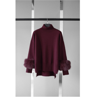 Ensemble 2 pièces en laine mélangée décontractée pour femmes, pull à col roulé tendance, ensemble tricoté avec poignets en fourrure de renard, pantalon large pour femmes