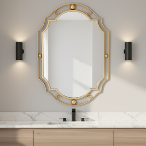 Miroir de salle de bain <span class=keywords><strong>d</strong></span>écoratif de luxe avec cadre en métal doré et logo personnalisé, à fixer au mur, vente en gros pour projets hôteliers et villas - Product Image 5