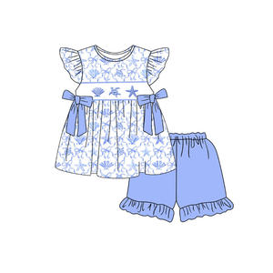 GSSO3531 Conjunto de verano personalizado para niña pequeña con estampado de estrellas de mar azules y lazos, conjunto infantil de manga corta para niña, venta al por mayor - Product Image 1