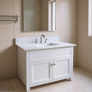 Plan de toilette de salle de bain 37 pouces en pierre de Carrare blanche avec lavabo en céramique à encastrer, style traditionnel, vasque rectangulaire - Product Image 2