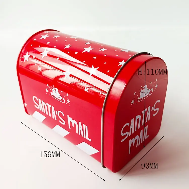 Eyeshow Gift Factory Price Custom Printing Christmas Metal Tin Box Cookie Packaging Mailbox Shaped Red Tin Box With Hinged Lid