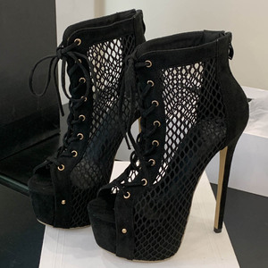 Sandalias de tacón de aguja estilo 2025, con punta abierta y malla hueca, sexys, para fiesta, para mujer, de moda, en negro - Product Image 2