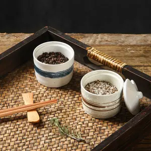Gaya Jepang Vintage Stoneware garam bumbu Set grosir keramik bumbu Jar madu kopi bumbu kotak