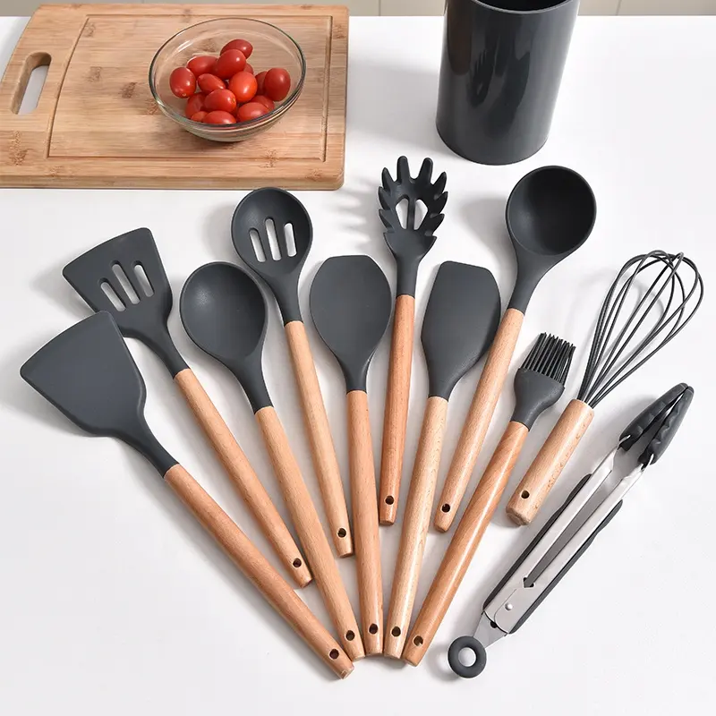 High End Best Selling 11PCS Silicone Kitchen Utensils Sets Cooking Gadgets With Plastic Holder